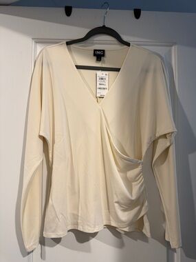 INC International Concepts Cream Draped V-Neck Long Sleeve Top